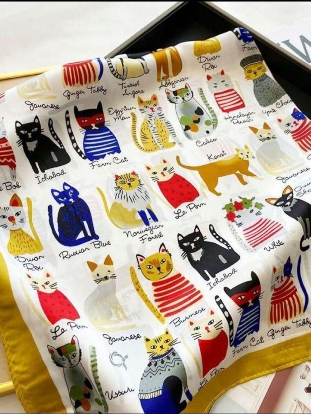 Silk-feel Multicolor Cat Print Satin Scarf - White with Yellow Border